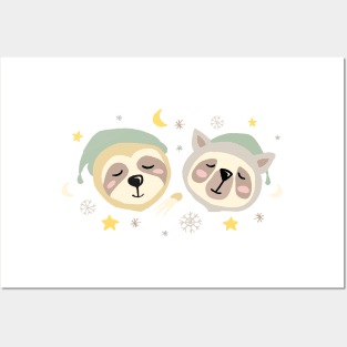 Cute sleeping Sloth and Lemur Posters and Art